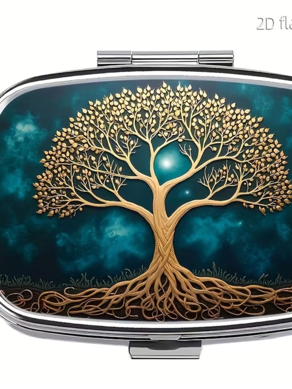 Gold Tree Compact Mirror pill boy — Teal Background